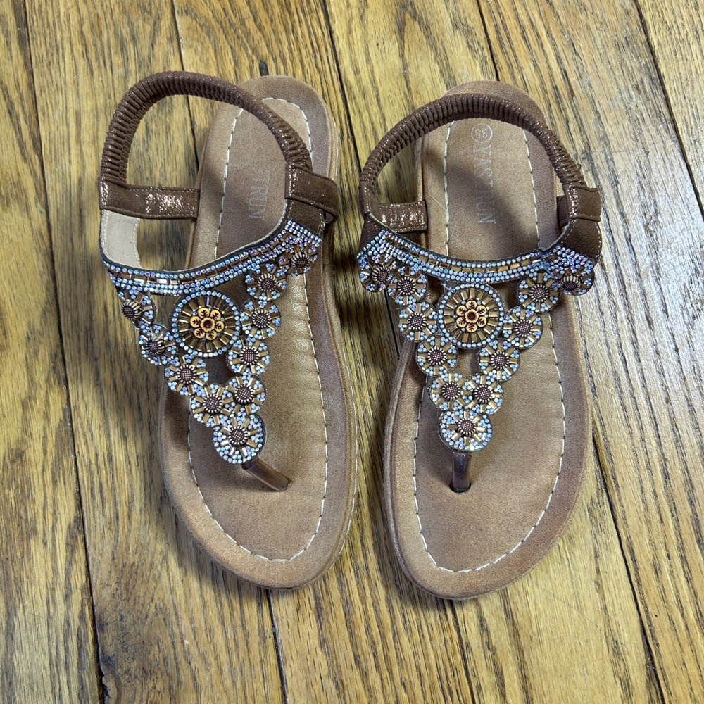 Yasirun Brown Metallic Beaded Floral Rhinestone Thong Slingback Sandals Size 38